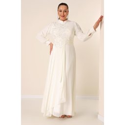 By Saygı Beaded Embroidered Lined Plus Size Long Chiffon Dress with Flounce on the Front