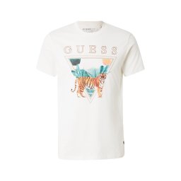 GUESS Tricou 'TIGER SPIRIT' bej închis / cyan / portocaliu / alb