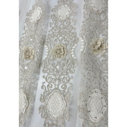 Perdea ivoire, fildes, Deluxe brodata 3D Hiko Velvet Flower, cu rejansa pliuri