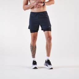 Șort 2 în 1 de alergare Kiprun Run 500 Confort Negru Bărbați