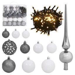Set globuri Craciun cu varf & 300 LED-uri 120 piese alb & gri GartenMobel Dekor