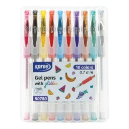 Set 10 culori pix cu gel GLITTER 0,7mm, cutie PP