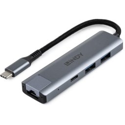 USB Hub Lindy 43422, interfata USB-C la 2x USB-A 3.2 Gen 2 si USB-C 3.2 Gen 2, RJ45, Gigabit Ethernet, cablu 15 cm, aluminiu, gri