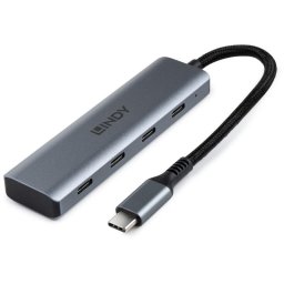 USB Hub Lindy 43414, interfata USB-C, 4x USB-C 3.2 Gen 2, viteze de transfer de pana la 10 Gbps, cablu 15 cm, aluminiu, gri