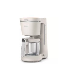 Cafetiera Philips HD5120/00 Conscious Collection, Corp plastic reciclat pe baza bio, Aroma Twister, 1.2 L, Timp preparare vas plin 10 min, Oprire automata, Opritor de picurare, Capac detasabil si vas de sticla, Indicator de nivel al apei, Alb mat