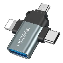 Adaptor OTG USB 3.0 la Lightning, Micro-USB, Type-C 480Mbps - Yesido (GS15) - Black