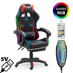 Scaun de gaming negru din piele ecologică cu lumini RGB OFF 303