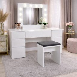 Set masa de machiaj Antonia cu LED + taburet, 155 cm, alba, Artool