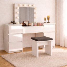 Set masa de machiaj Antonia cu LED, sertare lucioase + taburet, alba, Artool