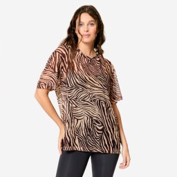 Tricou din plasă Fitness croială largă imprimeu Bej-Negru Damă