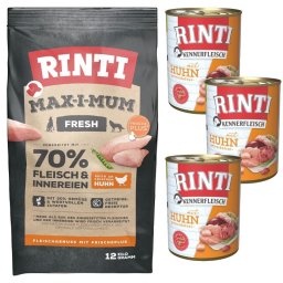 RINTI MAX-I-MUM Chicken cu pui, pentru caini 12 kg + Kennerfleisch Chicken hrana umeda 3x400 g