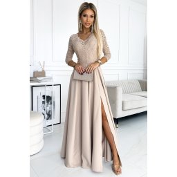 Rochie lungă și elegantă din dantelă cu crăpătură - bej