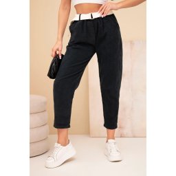 Pantaloni de damă din catifea reiată cu curea, negri