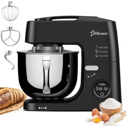 Mixer cu bol de 5L din inox, STARCREST SKM-1650BK, 1.5 kg aluat, putere 1600W, 3 accesorii, 8 viteze + Turbo, Negru