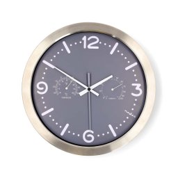 Ceas de perete Nedis CLWA5226SS cu termometru și higrometru, Ø 30,5 cm, alimentare 1x AA, oțel inoxidabil