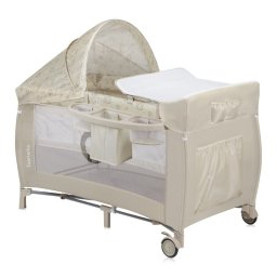 Patut pliant, Lionelo, Sven Plus, 120x60 cm, cu doua nivele, cu arcada jucarii, masuta de infasat, vibratii, melodii, Bej Latte