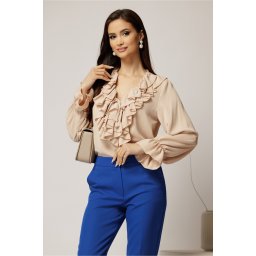 Camasa bej din voal cu volanase la bust si decolteu adanc