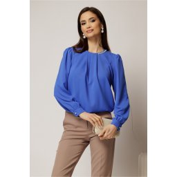 Bluza albastra din voal plin cu perle la decolteu si pliuri