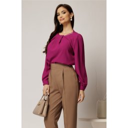 Bluza magenta din voal plin cu perle la decolteu si pliuri