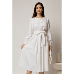 Rochie DY Fashion midi alba din bumbac cu nasturi pe bust si cordon in talie
