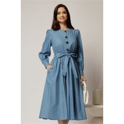 Rochie DY Fashion midi albastra din bumbac cu nasturi pe bust si cordon in talie