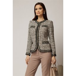 Jacheta DY Fashion din tweed alb negru cu pasmanterie in contrast