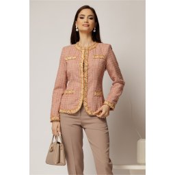Jacheta DY Fashion din tweed roz somon cu pasmanterie in contrast