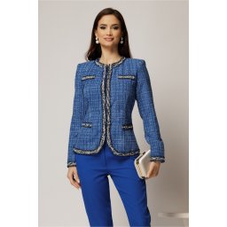 Jacheta DY Fashion din tweed albastru cu pasmanterie in contrast