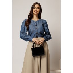 Bluza DY Fashion bleumarin din bumbac cu maneci lungi si nasturi eleganti