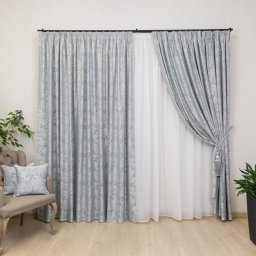 Set 3 piese Hiko, doua draperii Imperial Garden gri si o perdea Ana voal, cu rejansa Premium, creion 6,5cm