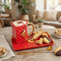 Set Cană cu Farfurie și Linguriță – Design Geantă de Damă
