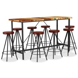 Set de bar 9 piese lemn masiv reciclat si piele naturala GartenMobel Dekor
