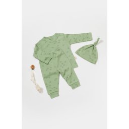 Set 3 piese:bluza, pantaloni si caciulita printed, babycosy, 50% modal+50% bumbac, verde (marime: 3-6 luni)