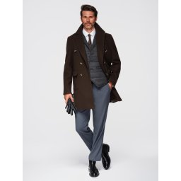 Ombre Men's double-breasted coat with decorative buttons - dark brown
