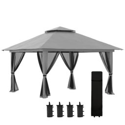 Pavilion/foisor pentru gradina/terasa, pliabil, cu inaltime ajustabila, material Oxford, cadru metalic, plasa insecte, 4 contragreutati, gri, 3.92x3.92x2.83 m