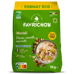 Muesli fara zahar BIO cu stafide, alune de padure si migdale(format economic) Favrichon