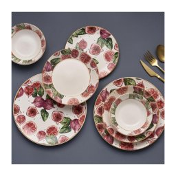 Set de masă 24 piese, ceramică, roșu/alb/verde