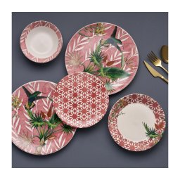 Set de veselă, 24 piese, din ceramică, roșu/verde/alb