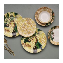 Set de veselă, 24 piese, din ceramică, galben/verde/alb