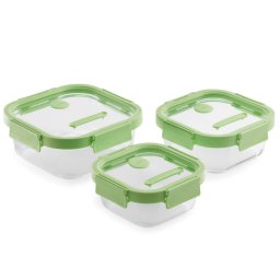 Set 3 caserole sticla depozitare alimente Lekue 1009493, 0,5/0,8/1,1 l, Capac, Supapa pentru cuptor cu microunde, -20/+100°C, Verde