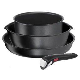 Set cratite si tigaie Tefal Ingenio 2100038720, 4 piese, Maner detasabil, Acoperire antiaderenta, Fara PFOA, Aluminiu, Negru