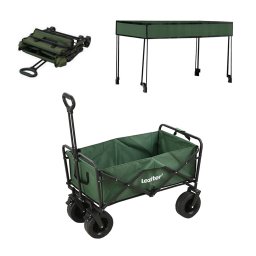 Cărucior de plajă pliabil premium de grădină cu acoperiș verde