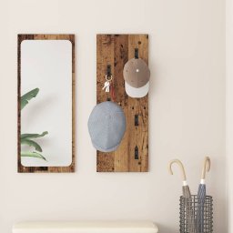 Cuier de perete cu oglinda, 4 carlige, lemn vechi, 30 x 80 cm