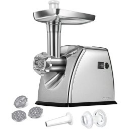 Masina de tocat MPM MMM-07M, 1800W, lama din otel inoxidabil, functie REVERSE, 3 site de taiere, accesoriu carnati, Gri