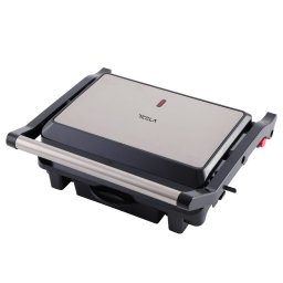 Gratar electric Tesla GR200BX, 1000 W, placi neaderente tip grill 25.5x18 cm, maner termorezistent cromat, deschidere 1800, negru/inox