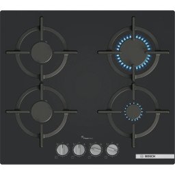 Plita incorporabila Bosch PPP6A6I10, Gaz, 4 zone de gatit, Gratare fonta, FlameSelect, Aprindere electrica, 60 cm, Sticla neagra