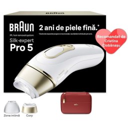 Epilator IPL Braun Silk-expert PRO 5 PL5221, Senzor automat & continuu Skin pro 2.0, 400.000 impulsuri, 10 niveluri de intensitate, 125 de impulsuri pe minut, 2 Capete de epilat, Trusa de voiaj, Aparat de ras Venus, Alb/Auriu