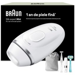 Epilator IPL Braun IPL Silk·expert Mini PL1115, SensoAdapt, 300.000 impulsuri, 3 niveluri de intensitate, Corp si fata, Mini aparat pentru indepartarea parului facial, Trimmer bikini, Aparat de ras Venus, Saculet de calatorie, Alb