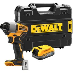 Masina compacta de insurubat cu impact pe acumulator DeWALT DCF850E1T, 18V XR, motor fara perii, cuplu maxim 205 Nm, 1x Li-Ion 1.7 Ah POWERSTACK battery, 3 speeds, Iluminare LED, clema, adaptor magnetic, geanta de transport, incarcator rapid