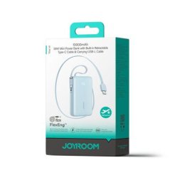 Baterie externa 10000mAh 35W cu cablu USB-C retractabil încorporat și cablu Lightning cu șnur Albastru